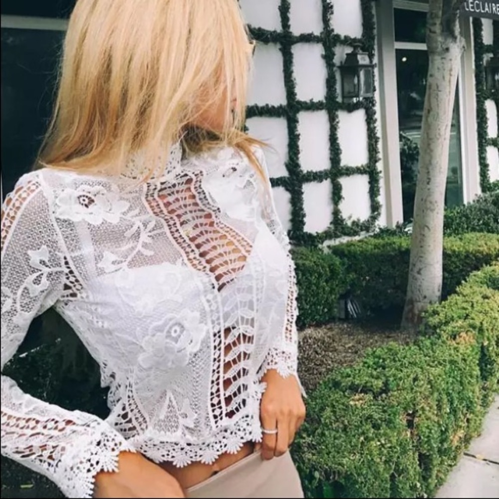 Lace High Neck Long Sleeve Top - Picture 2 of 8